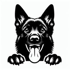 a black and white drawing of a dog's head with its tongue hanging out