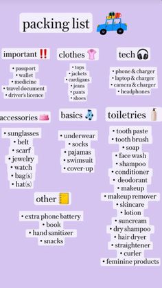 the packing list is shown in purple and has many different things to put on it