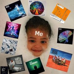 a child's head surrounded by various cd covers