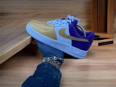 Futuristic Shoes, Custom Painted Shoes, Nike Fashion Shoes, Gold And Purple, Custom Nike Shoes, Shoes World, Personalized Shoes, Nike Gold, Nike Air Shoes