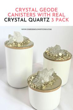 crystal geode canisters with real crystal quartz 3 pack in white and gold