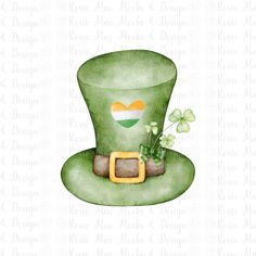 a green hat with shamrock leaves and a heart on it's side, in the shape