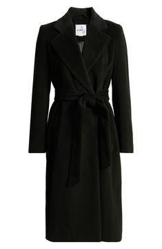 Let this sumptuous wool-blend coat lead the way in your cool-weather wardrobe from city 'bouts to coffee meet-ups. True wrap style Notched lapels Removable tie belt Side pockets 61% wool, 24% polyester, 10% rayon, 5% other fibers Dry clean Imported Belted Long Wool Outerwear, Black Wool Coat With Belted Cuffs, Luxury Black Belted Wool Coat, Tie Belt Coat, Solid Double-breasted Belted Wool Coat, Long-sleeve Wool Coat With Self Belt, Wool Coat Black, Belt Coat, Belt Tying