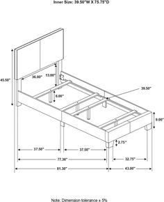 a bed frame with measurements for the headboard and foot board