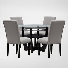 a glass table with four chairs around it and white upholstered chairs at the base