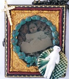 an altered photo with a doll and other items in it on a chain attached to a wall