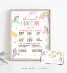 the unicorn name sign is next to a potted plant and a card that says, what's your unicorn name?