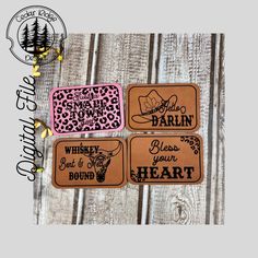 three coasters with the words whiskey and heart on them, sitting on a wooden surface