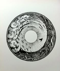 a black and white drawing of a circular object with waves in the center, on paper