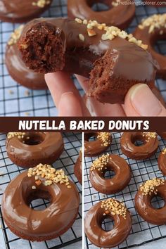 there is a chocolate donut with nuts on top and the doughnuts have been cut in half