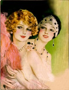 an old fashion magazine cover with two women in evening dresses and pearls on their heads