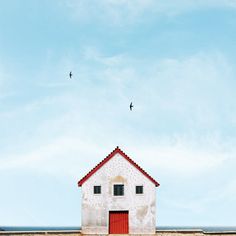 a white house with a red door and two birds flying in the sky above it