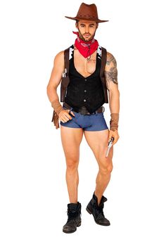 Bang! Bang! It's time to let everyone know that you're the law in these parts... the sexy law, that is! When you roll in to town wearing this saucy costume from Roma, you can put any party troublemakers in their place. The 7-piece set comes with everything you need to be the Wild West hero that your next costume party needs! Product Details Is it starting to heat up in here? This Showdown Cowboy Costume adds a spicy twist to the Wild West cowboy costume. The outfit comes with a black vest with b Cowboy Costume For Men, Cowboy Outfit For Men, Cowboy Men, Cowboy Vest, Cowboy Outfit, Brown Cowboy Hat, Cowboy Costume, Cowboys Men, Cowboy Outfits