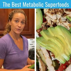 the woman is holding an avocado in front of her face and next to a plate of food