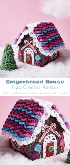 two pictures of a house made out of crochet and yarns, with the text gingerbread house free crochet pattern