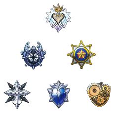 six different types of badges on a white background