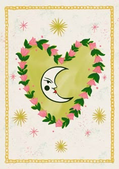 a card with a heart shaped moon and flowers in the shape of a wreath on it