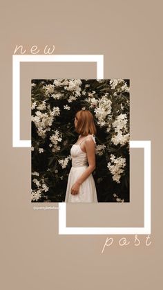 a woman standing in front of flowers with the words, new past on it's side