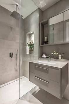 a bathroom with a sink, mirror and shower stall