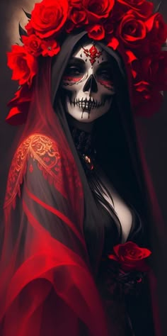 a woman with red roses in her hair wearing a veil and skull makeup for day of the dead