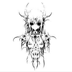 a black and white drawing of a demon girl with horns on her head, surrounded by skulls