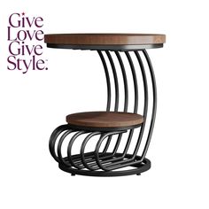 a chair with a wooden seat on it and the words give love give style above it