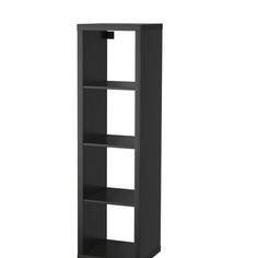 a black bookcase with three shelves on each side