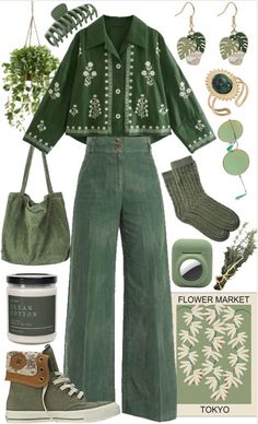 Clean girl outfit with a touch of desi to make it more pretty.🎀✨🪐 Green Floral Outfit, Light Green Outfit Ideas, Green Accent Outfits, Business Casual Cottagecore, Fashion Inspo Outfits 2024 Spring, Green Cottagecore Outfit, Spring Cottagecore Outfits, Casual Cottagecore Outfits, Green Aesthetic Outfit