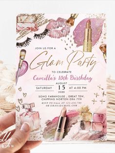 Glam Girl Birthday Spa Party Invitation Birthday Spa Theme, Beauty Party Invitations, Spa Invitations Ideas, Makeup Themed Birthday Party, Pamper Party Invitations, Makeup Invitation, Spa Invitations, Girls Makeup Party, Chanel Kids