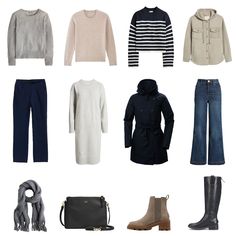 an assortment of clothing and accessories arranged on a white background