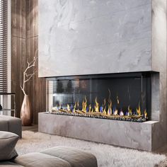 a modern fireplace in the middle of a living room with white furnishing on the floor