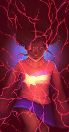 a girl in a red shirt and blue shorts is surrounded by lightning