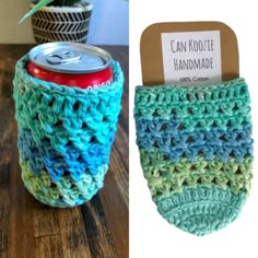 a can holder made out of crocheted yarn and a can sleeve with a label on it