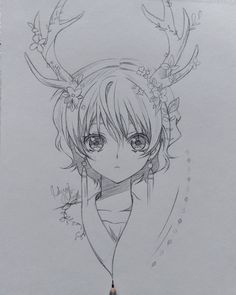 a pencil drawing of a girl with horns on her head