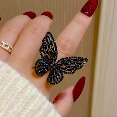 Gorgeous New 3d Iced Out Black Sim Diamond Butterfly Cut Out Ring. A Beautiful Lacey Feminine Butterfly W/Great Sparkle. The Perfect Statement Piece To Jazz Up Any Outfit Or Style. Ring Is Osfm. - This Ring Is An Open End Adjustable Os Fits Most So It Can Be Adjusted To Fit Many Sizes. Just Looking At It I Would Say It Can Fit Any Size From About A 6 To A 9.5 Or 10. ** Brand New W/Tag! ** All Kinds Of Different Nwt, Nwot Items Listed! Bundle Your Faves For Best Savings! Abstract Animal Artdeco A Rings Korean, Butterfly Rings, Crystal Butterfly, Butterfly Ring, Fancy Jewellery, Black Butterfly, Gothic Girls, Fantasy Jewelry, Girly Jewelry