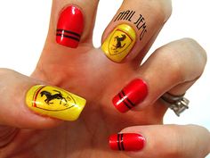 Ferrari Sportscar nails using striping tape and home printed water decal paper. Nails, Acrilic F1 Nails Designs, Formula One Nails, Formula 1 Nail Art, Ferrari Nails, F1 Nails, Colour Swatches, Racun Shopee, Waterslide Decals, Nail Design Inspiration