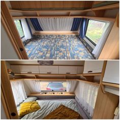 the inside and outside view of a camper with its bed pulled up to it's side