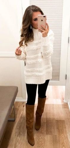 Cute Sweaters For Fall, Winter Party Outfit, Sweater Outfits Fall, Cute Fall Outfits, White Sweater, Fall Fashion Outfits, Winter Fashion Outfits, Outfit Casual