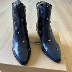 Super Cute Star-Studded Boots In A Gorgeous Navy Blue! Never Worn. They Are Brand New In Original Box With Zadig And Voltaire Shoe Bag. European Size 38 Night Sky Heels, Womens Star Shoes, Zadig And Voltaire Shoes, Cosmic Boots, Starry Shoes, Whimsigoth Shoes, Witchy Boots, 70s Boots, Fashion 2025