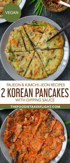 two korean pancakes with dipping sauce on top and another side dish in the middle