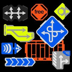 various traffic signs and arrows are shown in this graphic style, including one with the word free on it