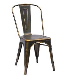 a black metal chair with gold trimmings on the back and seat, against a white background