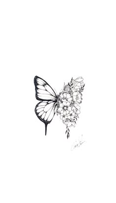 a black and white drawing of a butterfly with flowers