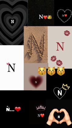 the letters n and n are made up of hearts, lips, and other things