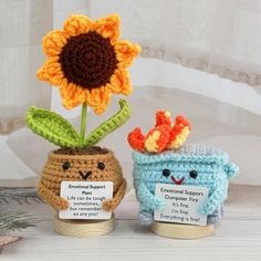 two crocheted vases with flowers in them