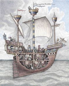 a drawing of a pirate ship with many people on it's deck and in the water