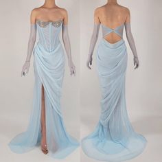 Sheer Dresses Formal, Chiffon Corset Dress, V Corset Dress, Corset Chiffon Dress, Air Inspired Dress, Blue Corset Gown, Gloves Gown, Gown Draping, Crystal Gloves