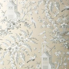 a wallpaper with birds, flowers and buildings on it's beige back ground