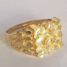 Mens Gold Ring, Gold Nugget Ring, Custom Gold Jewelry, Golden Jewellery, Dope Jewelry Accessories, Yellow Ring, Strong Hand, 10k Gold Ring, Green Yellow Blue