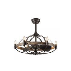 the rustic iron and wood chandelier has five lights on each end, one light is